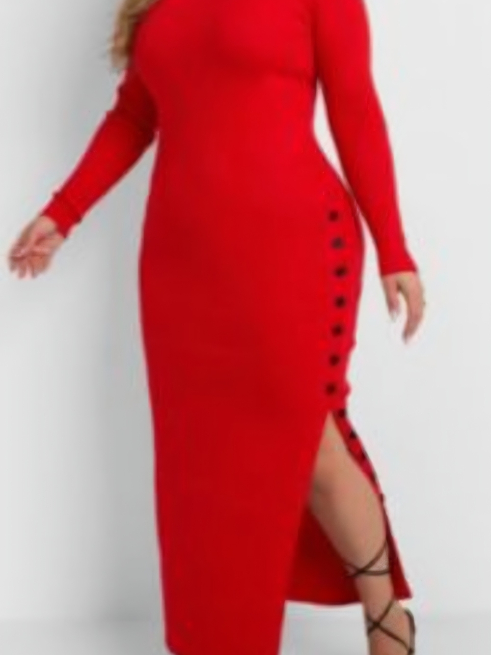 Rebdolls Crimson Red "Elsie" Ribbed Knit Side-Button Maxi Bodycon Dress- Size 1X